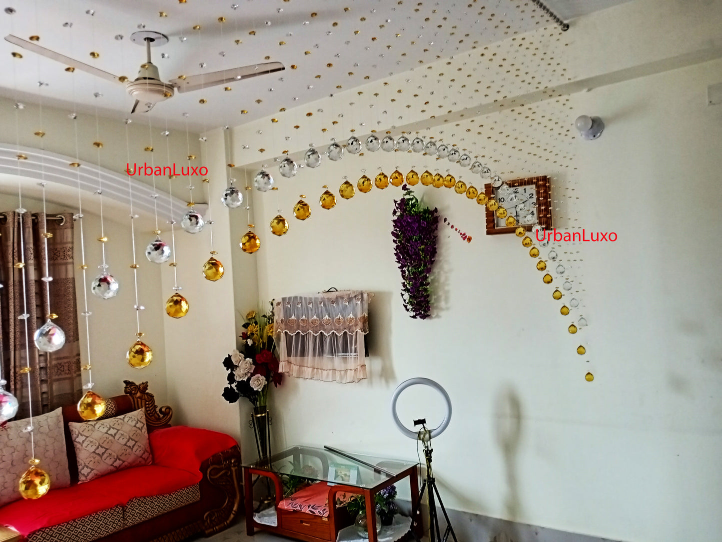 Double layer single arch glass crystal curtain with white and golden color
