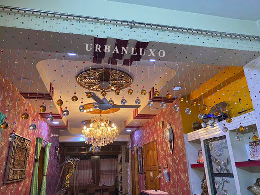 Double layer single arch glass crystal beaded curtain with golden and white color combination
