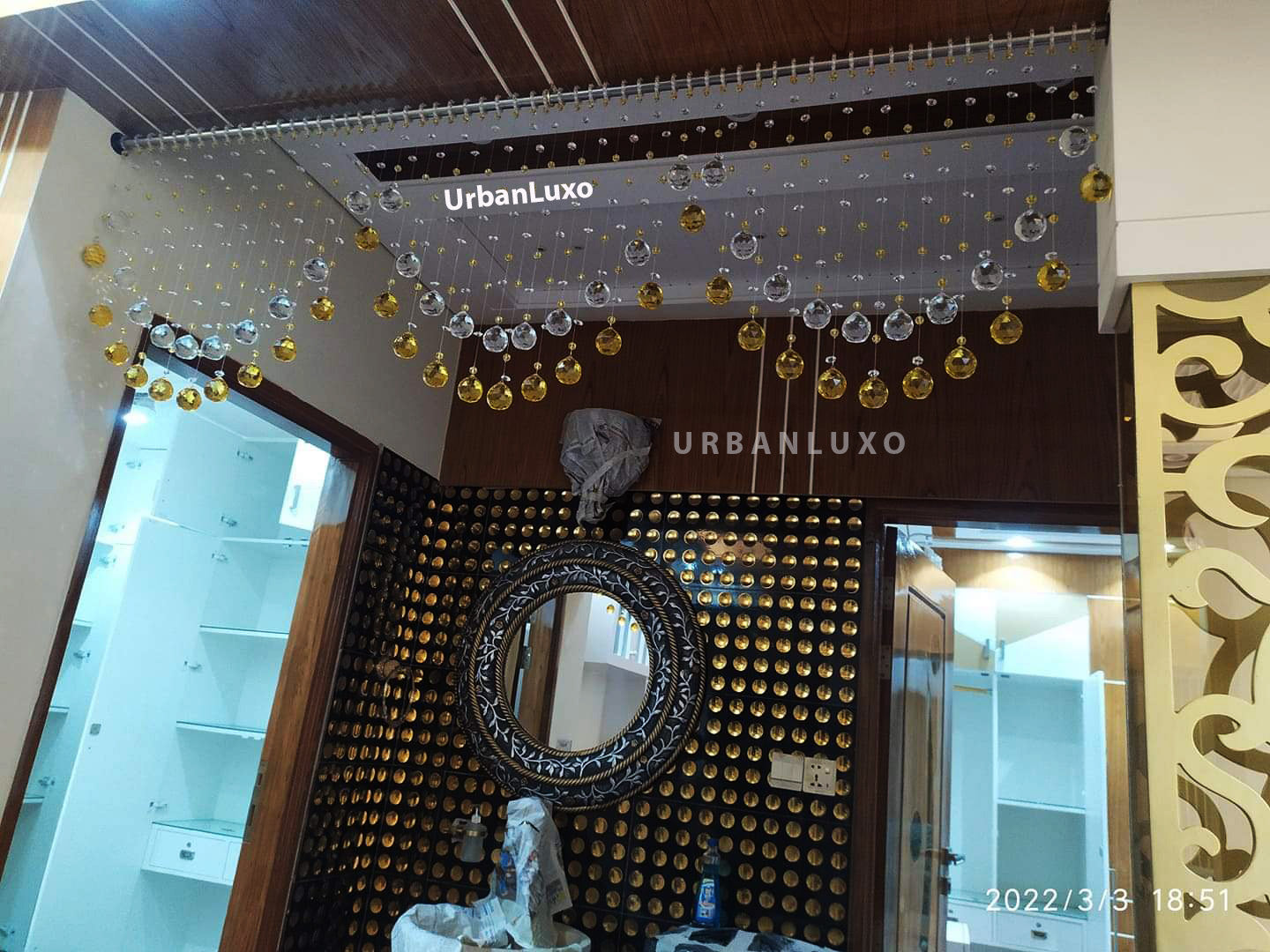 Double layer triple arch glass crystal beaded curtain with golden & white color combination