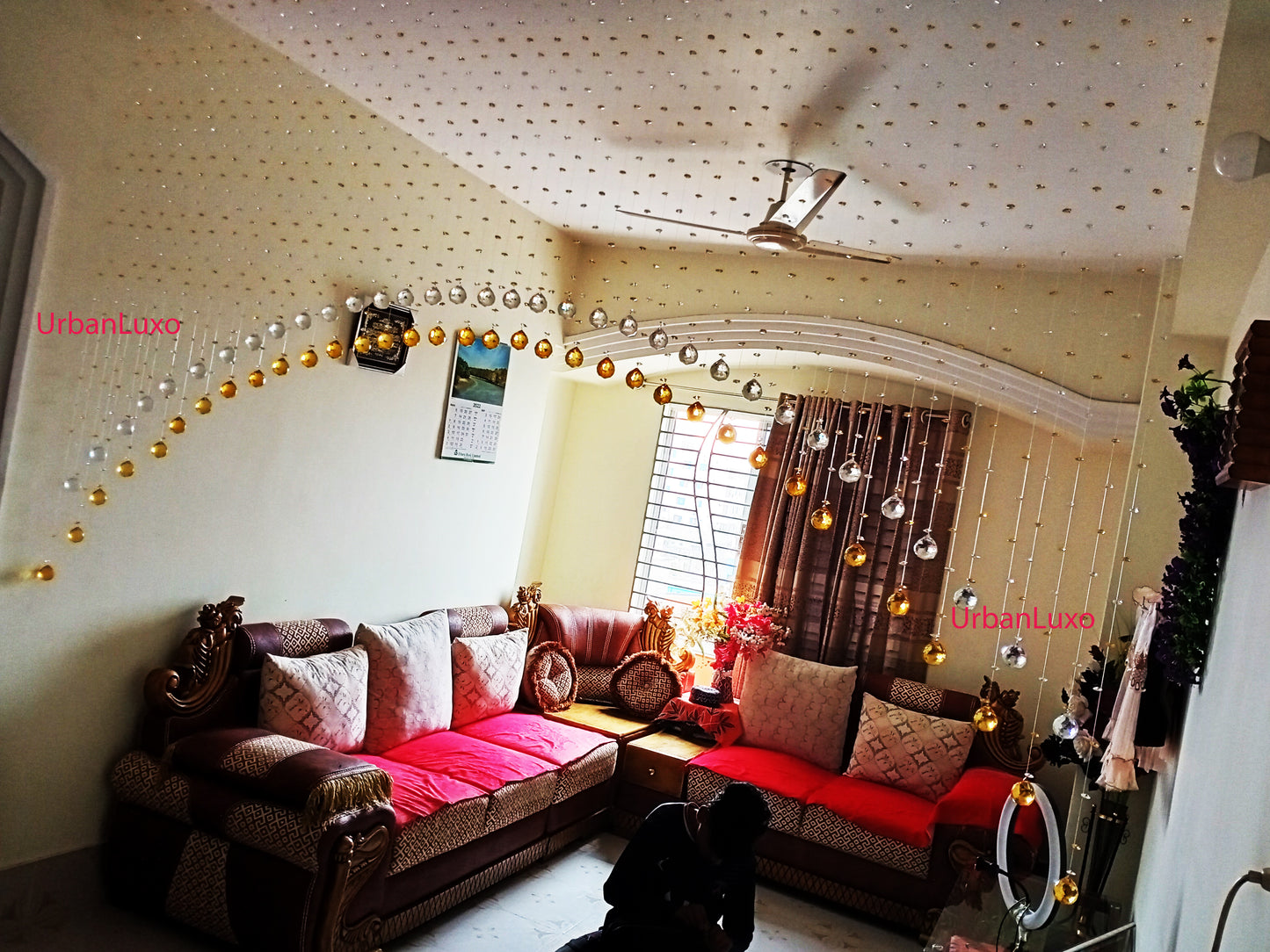 Double layer single arch glass crystal curtain with white and golden color